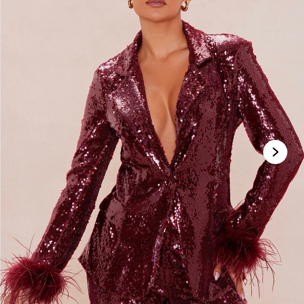 Sequin Burgundy Jacket with Feather Cuffs
